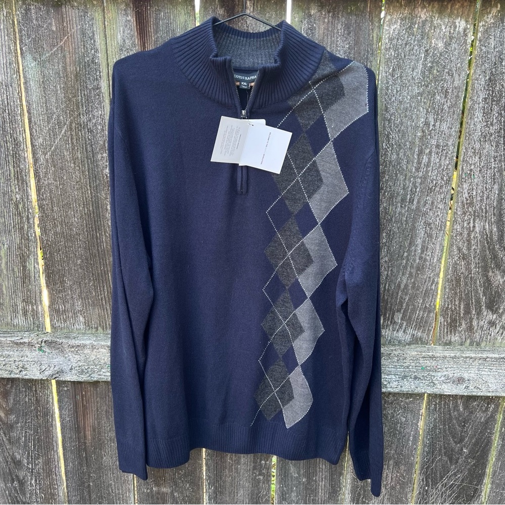 NWT Navy Side Argyle Pull Over Quarter Zip Sweater